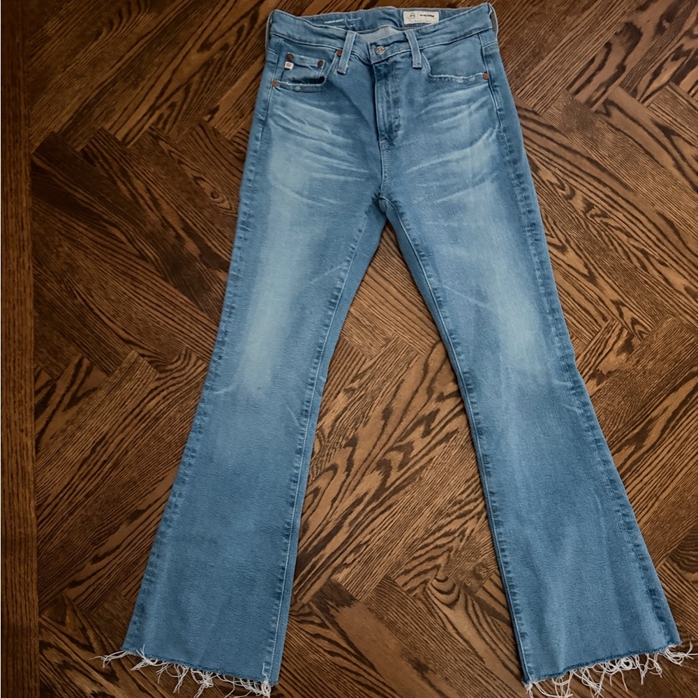 AG Adriano Goldschmied Farrah Boot High Rise Light Blue Raw Hem 30” Inseam